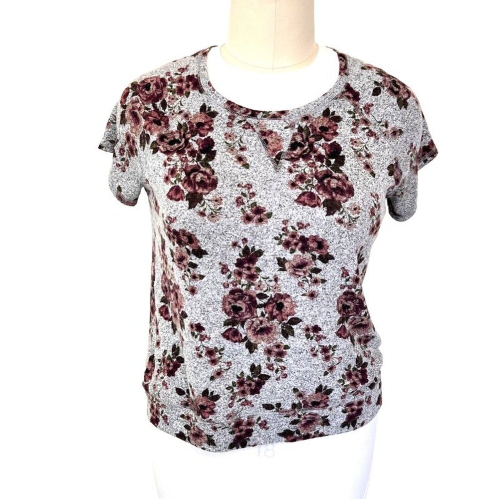 Rewind - Grey and Wine Red Floral Short Sleeve Sweater Top XL